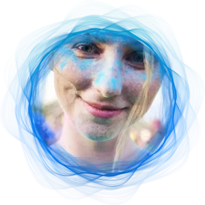 Female raver with sparkles on face surrounded by cool waves of blue circles